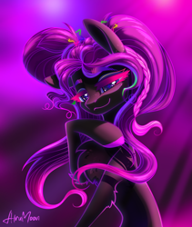 Size: 1344x1595 | Tagged: safe, artist:alrumoon_art, oc, oc only, earth pony, pony, chest fluff, glowing, glowing eyes, looking at you, neon, raised hoof, smiling