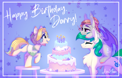 Size: 2608x1668 | Tagged: safe, artist:alrumoon_art, oc, oc only, oc:alruna moonrise, bat pony, earth pony, pony, unicorn, abstract background, birthday cake, cake, candle, eyes closed, food, heart, heart eyes, looking at each other, looking at someone, wingding eyes