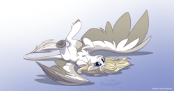 Size: 2914x1532 | Tagged: safe, artist:alrumoon_art, oc, oc only, pegasus, pony, chest fluff, freckles, gradient background, heart, heart eyes, hoof heart, leonine tail, lying down, pegasus oc, solo, spread wings, tail, tongue out, underhoof, wingding eyes, wings