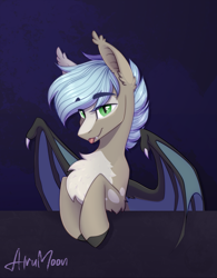 Size: 1945x2500 | Tagged: safe, artist:alrumoon_art, oc, oc only, bat pony, pony, chest fluff, eye clipping through hair, eyebrows, eyebrows visible through hair, fangs, male, partially open wings, solo, tongue out, wings