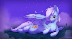 Size: 3159x1721 | Tagged: safe, artist:alrumoon_art, oc, oc only, oc:fade sunshine, pegasus, pony, abstract background, cyrillic, lying down, male, on side, pegasus oc, red eyes, russian, solo, spread wings, wings