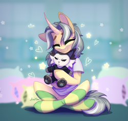 Size: 2911x2756 | Tagged: safe, artist:alrumoon_art, oc, oc only, semi-anthro, clothes, curved horn, eyebrows, eyes closed, heart, high res, horn, pillow, plushie, shirt, smiling, socks, striped socks, t-shirt