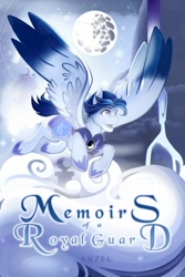 Size: 682x1024 | Tagged: safe, artist:paintedwave, oc, oc only, oc:silent knight, pegasus, pony, fanfic:memoirs of a royal guard, cloud, fanfic, fanfic art, fanfic cover, flying, moon, night, solo