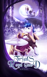 Size: 622x1024 | Tagged: safe, artist:magicarin, oc, oc only, oc:crystal wishes, oc:silent knight, pegasus, pony, unicorn, fanfic:trials of a royal guard, canterlot castle, fanfic, fanfic art, fanfic cover, moon, night, snow, tree, winter