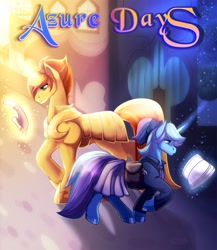 Size: 887x1024 | Tagged: safe, artist:paintedwave, oc, oc only, oc:azurite, oc:sunny day, pony, unicorn, fanfic:azure days, day, duo, fanfic, fanfic art, fanfic cover, female, guardsmare, mare, night, royal guard