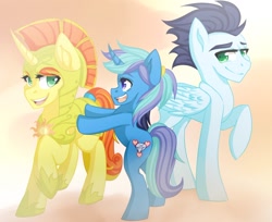 Size: 1024x835 | Tagged: safe, artist:potates-chan, soarin', oc, oc:azurite, oc:sunny day, pegasus, pony, unicorn, g4, fanfic art, female, guardsmare, male, mare, royal guard, simple background, smiling, stallion, trio