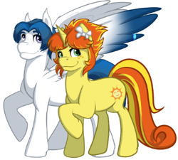 Size: 327x294 | Tagged: safe, artist:paintedwave, oc, oc only, oc:silent knight, oc:sunny day, pegasus, pony, unicorn, duo, fanfic art, simple background, smiling, white background
