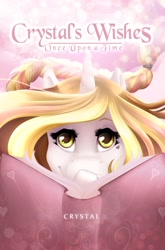 Size: 676x1024 | Tagged: safe, artist:paintedwave, oc, oc only, oc:crystal wishes, pony, unicorn, fanfic:crystal's wishes once upon a time, book, fanfic, fanfic art, fanfic cover, looking at you, simple background, smiling, smiling at you, solo