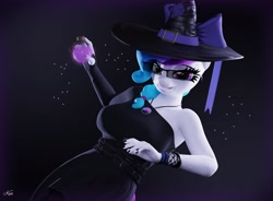 Size: 3800x2800 | Tagged: safe, artist:kenaga, oc, oc only, oc:aurora starling, anthro, 3d, bedroom eyes, bow, female, glasses, hat, high res, jewelry, looking at you, magic, necklace, potion, smiling, smiling at you, solo, witch, witch hat