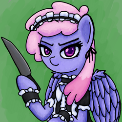 Size: 1500x1500 | Tagged: safe, artist:jusussi, rainbowshine, pegasus, pony, g4, background pony, clothes, female, green background, knife, looking at you, maid, simple background, solo, wings