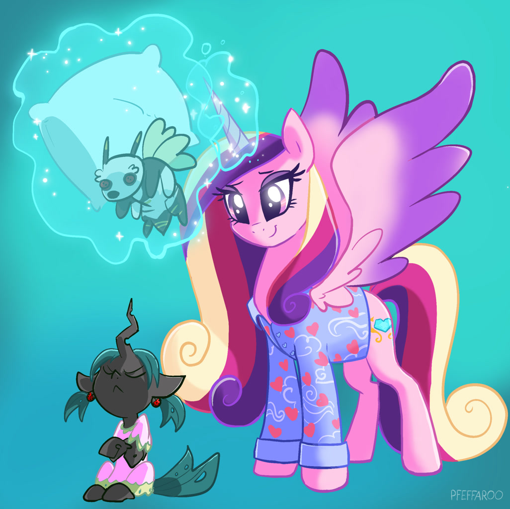 [alicorn,clothes,duo,eyes closed,female,filly,filly queen chrysalis,levitation,magic,nymph,pillow,plushie,pony,pouting,princess cadance,queen chrysalis,safe,telekinesis,younger,bugbear,artist:pfeffaroo]