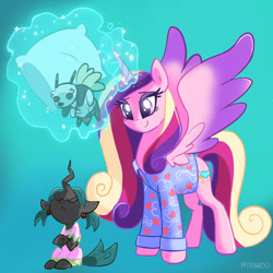 Size: 2048x2045 | Tagged: safe, artist:pfeffaroo, princess cadance, queen chrysalis, alicorn, bugbear, nymph, pony, g4, clothes, duo, eyes closed, female, filly, filly queen chrysalis, high res, levitation, magic, mama cadence, pillow, plushie, pouting, telekinesis, younger
