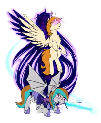Size: 7000x8500 | Tagged: safe, artist:dacaoo, oc, oc only, oc:copper moon, oc:silver star, alicorn, bat pony, pony, armor, glowing, glowing eyes, mouth hold, night guard, simple background, sword, transparent background, weapon, wings