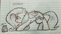 Size: 1280x720 | Tagged: safe, artist:whiskeypanda, fluttershy, frog, pegasus, pony, g4, doodle, ink, ink drawing, lined paper, traditional art