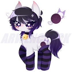 Size: 2349x2328 | Tagged: safe, artist:arwencuack, oc, oc only, earth pony, pony, adoptable, adoption, bell, bell collar, blushing, clothes, collar, cutie mark, heart, heart eyes, high res, simple background, socks, solo, striped socks, thigh highs, watermark, white background, wingding eyes