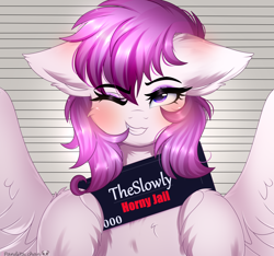 Size: 1600x1500 | Tagged: safe, artist:2pandita, oc, oc only, oc:white cake, pegasus, pony, ear fluff, female, grin, jail, mare, mugshot, sign, smiling, smirk, solo, wings