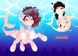 Size: 1600x1143 | Tagged: safe, artist:thehaywaiianhorse, oc, oc:angel, original species, shark, shark pony, bubble, bubble helmet, crepuscular rays, female, fish tail, ocean, seaweed, solo, sunlight, swimming, tail, underwater, water