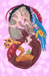 Size: 3300x5100 | Tagged: safe, artist:ashley-the-muffin, discord, draconequus, g4, abstract background, antlers, eyebrows, horn, long nails, male, pink background, sharp nails, sharp teeth, signature, simple background, snaggletooth, solo, teeth, thick eyebrows