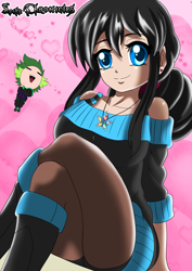 Size: 2508x3541 | Tagged: safe, artist:cmacx, spike, oc, oc:hikari (spike chronicles), human, g4, chibi, heart, high res, humanized, jewelry, love, necklace