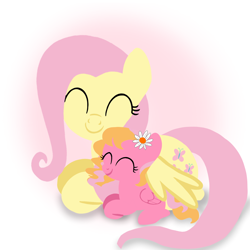 Size: 1400x1400 | Tagged: safe, artist:mlplary6, fluttershy, oc, oc:melody blossom, pegasus, pony, g4, ^^, cute, eyes closed, female, filly, flower, flower in hair, fluttermom, foal, hug, lying down, mare, mother and child, mother and daughter, ocbetes, offspring, parent:big macintosh, parent:fluttershy, parents:fluttermac, shyabetes, smiling, winghug, wings