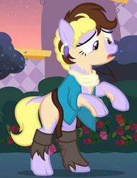 Size: 1236x1600 | Tagged: safe, artist:anonymous, lyrica lilac, oc, oc:emilio remanza, earth pony, human, pony, g4, /ptfg/, belt, brown hair, clothes, ear piercing, earring, eye color change, female, human oc, human to pony, jewelry, light skin, male to female, mare, mid-transformation, open mouth, outdoors, piercing, rule 63, shirt, show accurate, transformation, transgender transformation