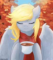 Size: 1400x1600 | Tagged: safe, artist:maravor, derpy hooves, pegasus, pony, g4, autumn, clothes, cottagecore, cup, eyes closed, female, food, hoof hold, mare, scarf, signature, smiling, solo, tea