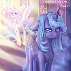 Size: 3000x3000 | Tagged: safe, artist:sirfiyanyamur, princess celestia, princess luna, alicorn, pony, g4, cewestia, duo, duo female, female, filly, folded wings, high res, jealous, pink-mane celestia, royal sisters, siblings, signature, sisters, wings, woona, younger