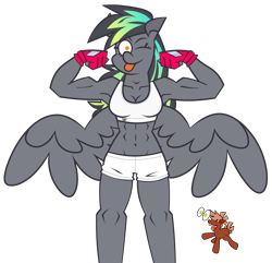 Size: 8800x8500 | Tagged: safe, artist:threetwotwo32232, oc, oc:calamari sunrise, oc:cool time, earth pony, pegasus, pony, anthro, abs, belly button, breasts, clothes, duo, eye bulging, female, fingerless gloves, gloves, gym shorts, looking at you, muscles, shorts, simple background, solo focus, tank top, transparent background