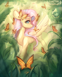 Size: 2320x2855 | Tagged: safe, artist:sirfiyanyamur, fluttershy, butterfly, pegasus, pony, g4, female, high res, mare, plant, signature, solo, spread wings, turned head, wings