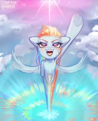 Size: 1160x1427 | Tagged: safe, artist:sirfiyanyamur, rainbow dash, pegasus, pony, g4, cloud, female, flying, mare, open mouth, open smile, rainbow trail, raised hoof, signature, sky, smiling, solo, sonic rainboom, spread wings, sun, wings