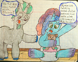 Size: 2918x2327 | Tagged: safe, artist:bitter sweetness, alphabittle blossomforth, misty brightdawn, pony, unicorn, g5, abdl, diaper, diaper fetish, father and child, father and daughter, female, fetish, graph paper, green eyes, high res, incontinence, male, non-baby in diaper, open mouth, pink eyes, plushie, rebirth misty, spanish, spanish text, speech bubble, stallion, teddy bear, traditional art, translated in the description, wooden floor