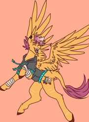 Size: 926x1280 | Tagged: safe, alternate version, artist:ask-trans-scoots, scootaloo, pegasus, pony, g4, alternate cutie mark, bandage, clothes, hoodie, male, orange background, scar, self harm, self harm scars, simple background, smiling, solo, spread wings, teenager, trans male, transgender, tumblr:ask trans scootaloo, wings