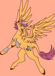 Size: 934x1280 | Tagged: safe, alternate version, artist:ask-trans-scoots, scootaloo, pegasus, pony, g4, alternate cutie mark, bandage, male, orange background, scar, self harm, self harm scars, simple background, smiling, solo, spread wings, teenager, trans male, transgender, tumblr:ask trans scootaloo, wings