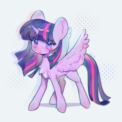 Size: 1000x1000 | Tagged: safe, artist:jelly-candy, twilight sparkle, alicorn, pony, g4, chest fluff, cute, eye clipping through hair, eyebrows, eyebrows visible through hair, female, horn, looking at you, mare, open mouth, open smile, signature, simple background, smiling, smiling at you, solo, spread wings, twiabetes, twilight sparkle (alicorn), white background, wings