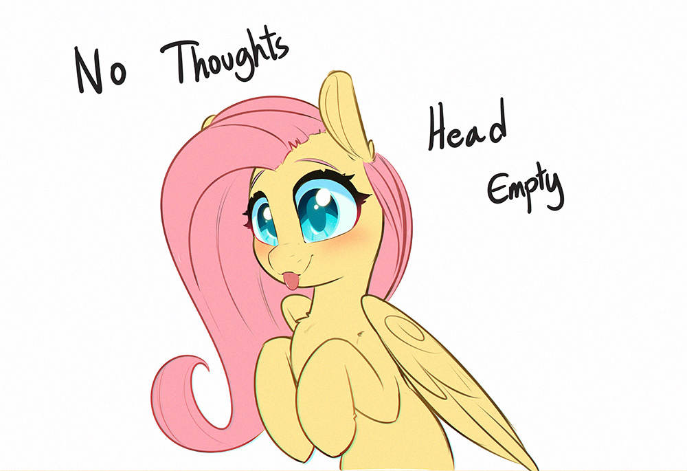 [:p,blushing,bust,cute,female,fluttershy,mare,meme,pegasus,pony,safe,simple background,solo,text,white background,tongue out,shyabetes,smiling,artist:inkypuso,no thoughts head empty]