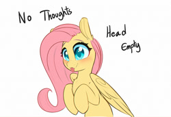 Size: 1000x685 | Tagged: safe, artist:inkypuso, fluttershy, pegasus, pony, g4, :p, blushing, bust, cute, female, mare, meme, no thoughts head empty, shyabetes, simple background, smiling, solo, text, tongue out, white background
