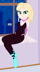 Size: 736x1322 | Tagged: safe, artist:robertsonskywa1, human, equestria girls, g4, ballet slippers, clothes, equestria girls-ified, eyebrows, female, gwen stacy, haircut, looking at you, marvel, night, photo, sitting, skintight clothes, smiling, smiling at you, solo, spider-gwen, spider-man, spider-man: across the spider-verse, stars, suit