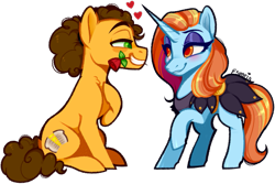 Size: 875x583 | Tagged: safe, artist:esmeia, cheese sandwich, sassy saddles, earth pony, pony, unicorn, g4, clothes, crack shipping, female, flower, flower in mouth, heart, male, mouth hold, rose, rose in mouth, sassysandwich, shipping, simple background, straight, transparent background