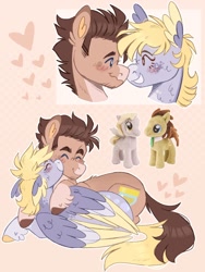 Size: 1368x1824 | Tagged: safe, artist:wanderingpegasus, derpy hooves, doctor whooves, time turner, earth pony, pegasus, pony, g4, blushing, cheek kiss, cute, derpabetes, duo, eyes closed, female, grin, kissing, lying down, male, mare, markings, nuzzling, plushie, prone, redesign, ship:doctorderpy, shipping, smiling, stallion, straight, unshorn fetlocks