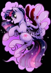 Size: 1414x2000 | Tagged: safe, artist:dormin-dim, twilight sparkle, alicorn, pony, g4, black background, female, mare, side view, simple background, solo, sparkly mane, sparkly tail, spread wings, tail, twilight sparkle (alicorn), wings