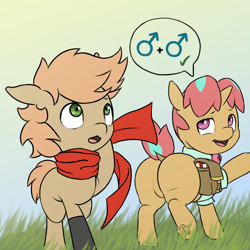 Size: 2048x2048 | Tagged: safe, artist:multiverseequine, derpibooru exclusive, oc, oc only, oc:himmel, oc:melon pouf, earth pony, pony, unicorn, bag, butt, chubby, clothes, colored, colt, duo, earth pony oc, foal, gay, gloves, gradient background, grass, high res, horn, looking back, looking up, male, male symbol, multicolored hair, outdoors, plot, raised tail, saddle bag, scarf, short tail, smiling, speech bubble, tail, two toned mane, unicorn oc