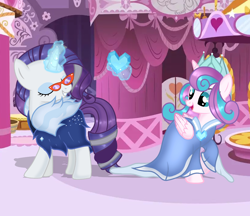 Size: 4816x4152 | Tagged: safe, artist:doraeartdreams-aspy, princess flurry heart, rarity, alicorn, pony, unicorn, g4, absurd resolution, base used, carousel boutique, crown, crystal heart, duo, duo female, eyes closed, female, glasses, jewelry, magic, mare, older, older flurry heart, older rarity, regalia