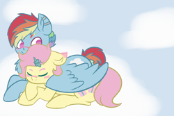Size: 4134x2756 | Tagged: safe, artist:bluedslite, fluttershy, rainbow dash, pegasus, pony, g4, chest fluff, cloud, colored eyebrows, duo, duo female, eyebrows, eyes closed, female, high res, hug, lesbian, lying down, mare, on a cloud, prone, ship:flutterdash, shipping, sky, sleeping, smiling, wing blanket, winghug, wings