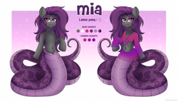 Size: 6693x3822 | Tagged: safe, artist:madelinne, oc, oc only, lamia, original species, semi-anthro, abstract background, arm hooves, belly button, bra, clothes, crop top bra, female, female oc, gradient background, looking at you, midriff, passepartout, reference sheet, skirt, solo, underwear