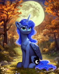 Size: 2048x2560 | Tagged: safe, ai assisted, ai content, artist:nightluna, editor:nightluna, princess luna, alicorn, pony, g4, cheek fluff, chest fluff, cute, ear fluff, female, folded wings, forest, full body, full moon, glowing, glowing horn, high res, horn, leg fluff, looking at you, lunabetes, magic, mare, moon, moonlight, outdoors, raising the moon, scenery, sitting, sky, smiling, smiling at you, solo, tree, wings