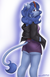 Size: 845x1280 | Tagged: safe, artist:thedigodragon, oc, oc only, kirin, unicorn, anthro, booty shorts, clothes, hoodie, kirin oc, looking at you, looking back, looking back at you, shirt, shorts, solo