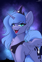 Size: 1700x2500 | Tagged: safe, artist:skitsroom, princess luna, alicorn, pony, g4, chest fluff, cute, cute little fangs, fangs, female, high res, horn, jewelry, looking at you, lunabetes, mare, night, night sky, nightmare luna, open mouth, outdoors, partially open wings, raised hoof, regalia, s1 luna, sky, slit pupils, solo, standing, wings