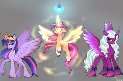 Size: 1538x1011 | Tagged: safe, artist:petaltwinkle, opaline arcana, sunny starscout, twilight sparkle, alicorn, earth pony, pony, g5, artificial horn, artificial wings, augmented, blank eyes, crown, crystal, earth pony crystal, female, floating, glowing, glowing eyes, gray background, horn, jewelry, magic, magic horn, magic wings, mane stripe sunny, mare, pegasus crystal, race swap, regalia, simple background, spread wings, sunnycorn, trio, twilight sparkle (alicorn), unicorn crystal, unity crystals, wings