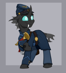 Size: 2038x2250 | Tagged: safe, artist:rutkotka, oc, oc only, changeling, changeling oc, civil war, clothes, hat, high res, horn, military uniform, passepartout, smiling, solo, standing, turned head, uniform