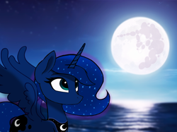 Size: 1214x906 | Tagged: safe, artist:adastra, princess luna, alicorn, pony, g4, looking up, mare in the moon, melancholy, moon, night, ocean, solo, time paradox, water